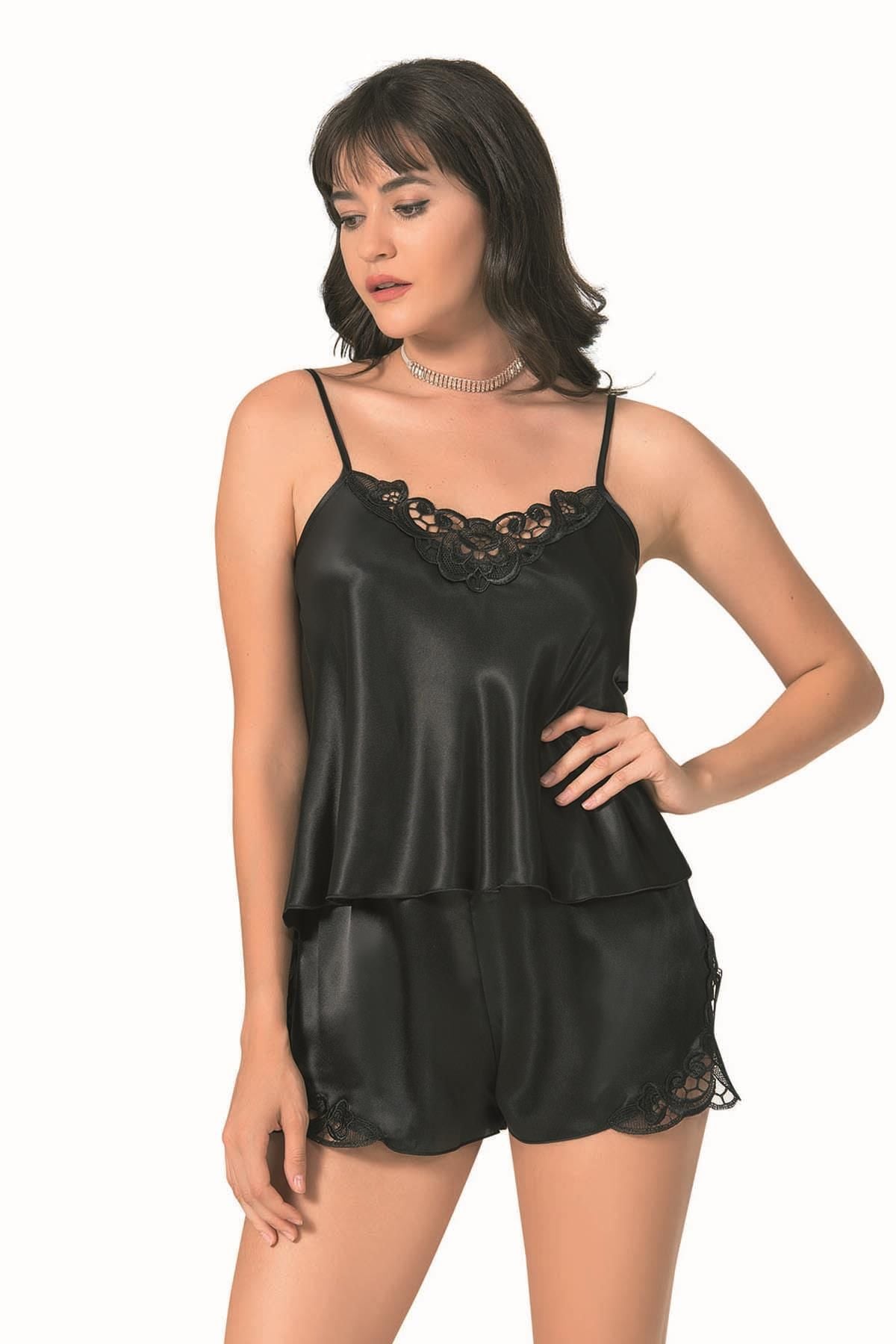 Primoda 025 İnce Askılı Saten Babydoll Şortlu Gecelik Takımı -- S - -SİYAH