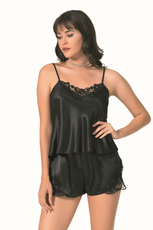 Primoda 025 İnce Askılı Saten Babydoll Şortlu Gecelik Takımı - XL - -SİYAH