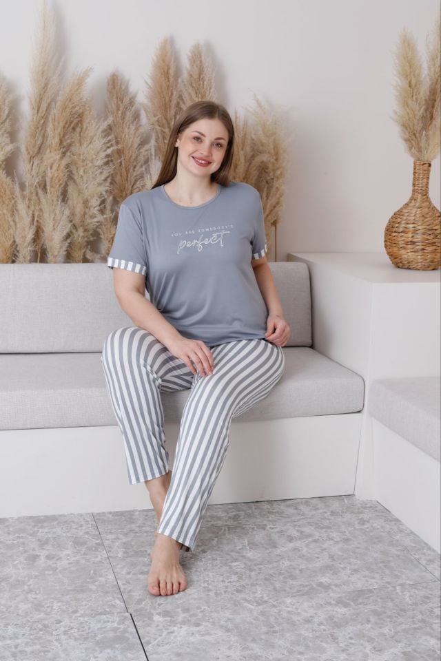 Pijamoni 7665 Bayan Battal Kısa Kol Pijama Takımı