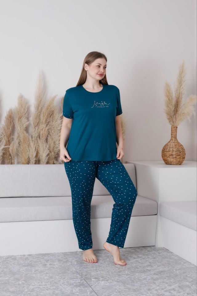 Pijamoni 7665 Bayan Battal Kısa Kol Pijama Takımı