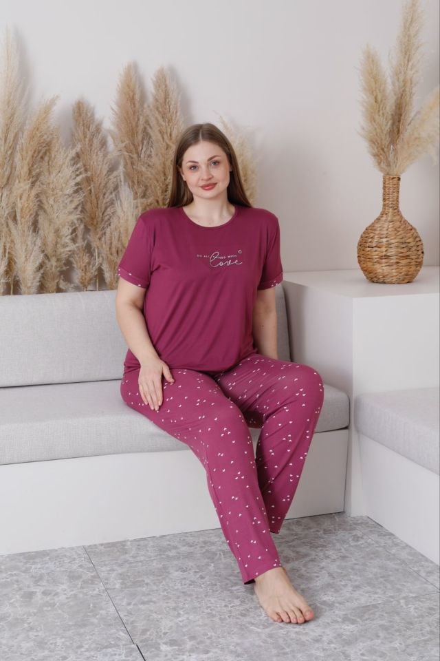 Pijamoni 7665 Bayan Battal Kısa Kol Pijama Takımı