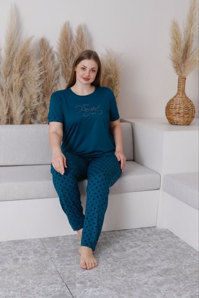 Pijamoni 7665 Bayan Battal Kısa Kol Pijama Takımı