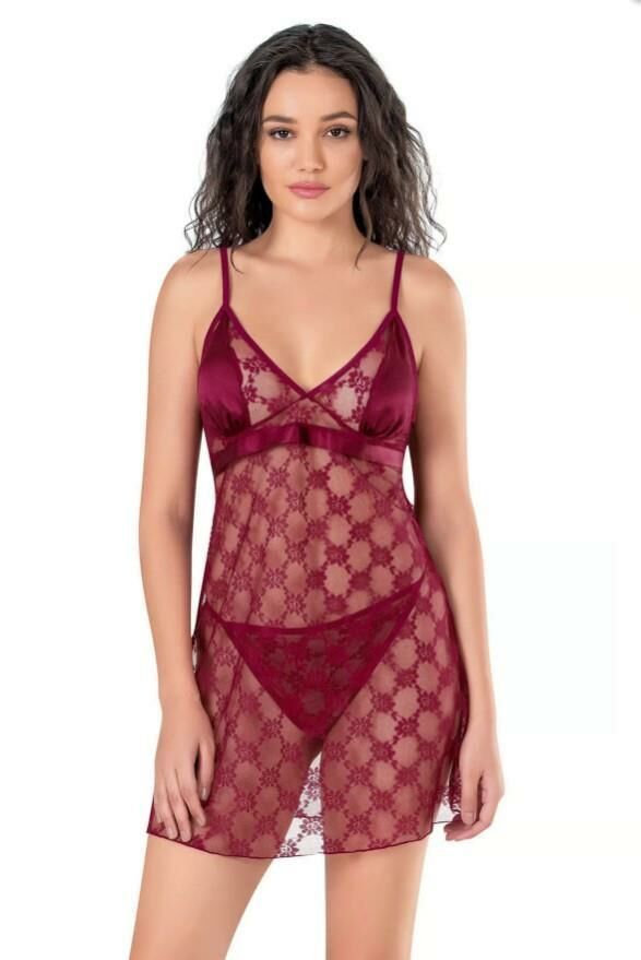 Primoda 4128 Kısa Tül Gecelik -BORDO - -- M