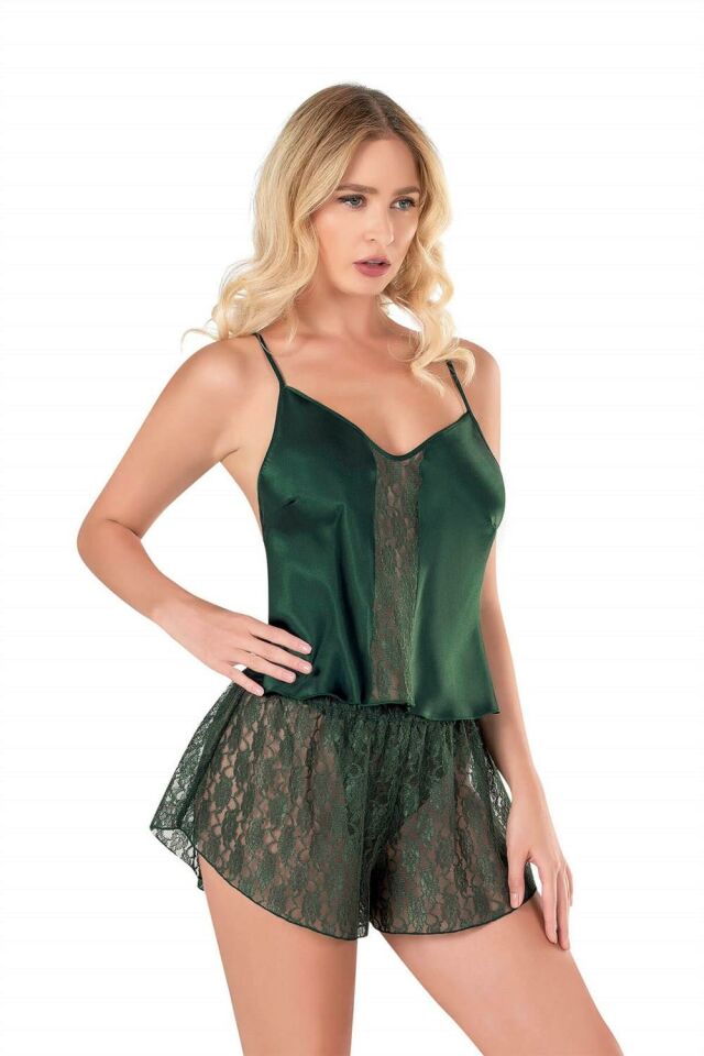 Primoda 9110 Saten Babydoll Gecelik -- L - -YEŞİL