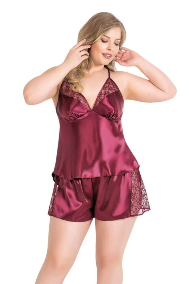 Primoda Büyük Beden Bordo Saten Babydoll Şort Takımı 1059 -BORDO - -3XL