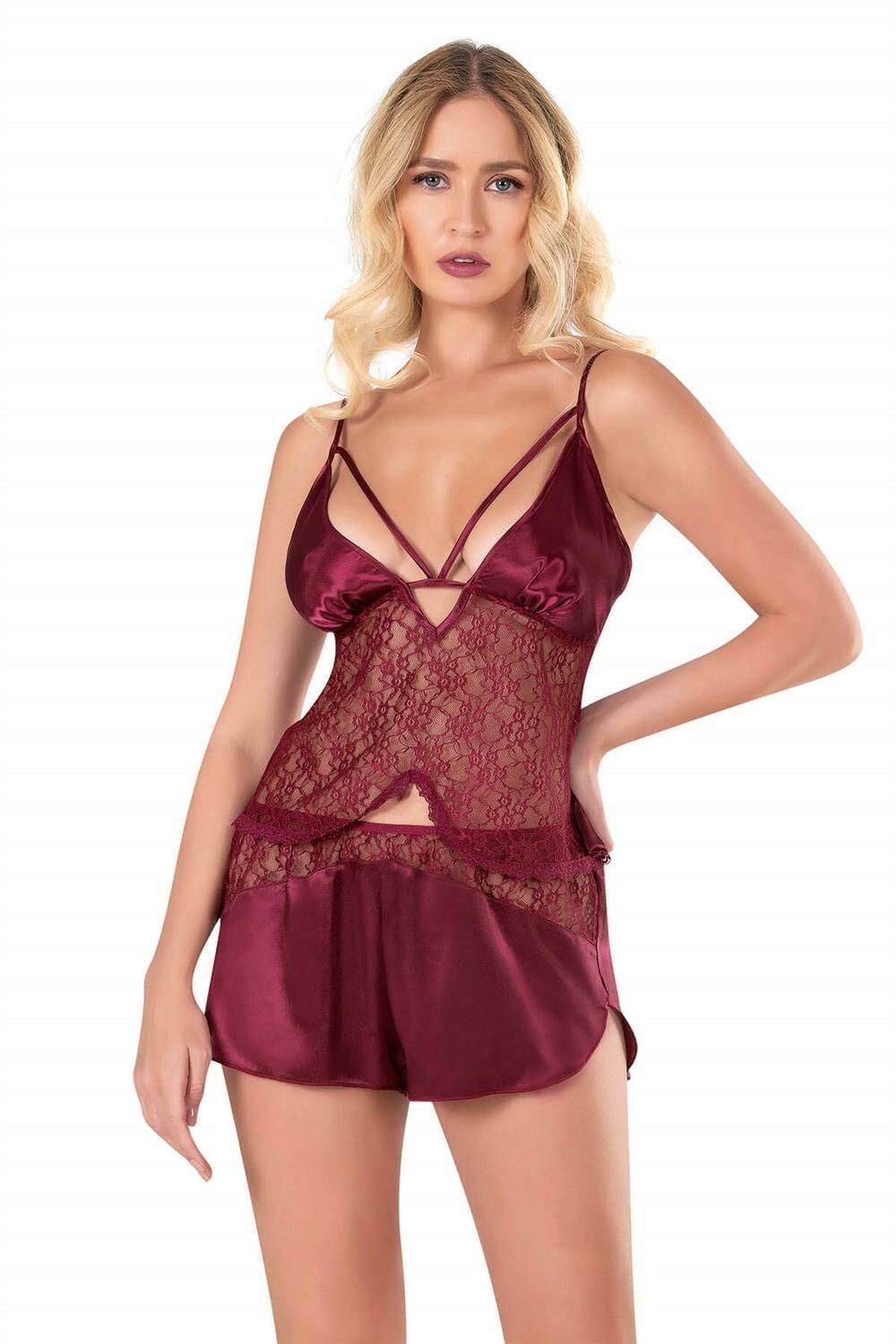 PRİMODA 9118 SATEN BABYDOLL -BORDO - - XL
