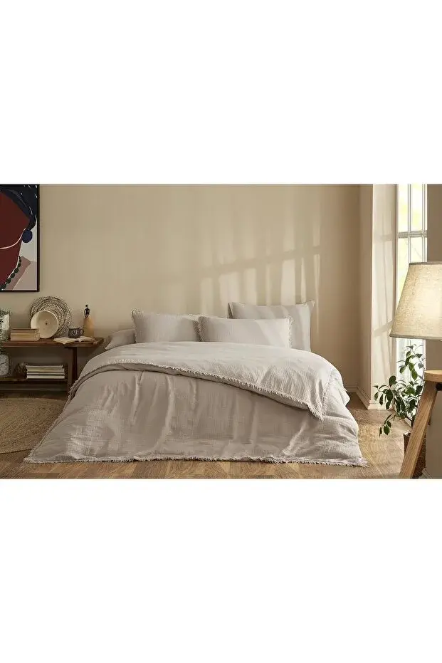 Özdilek Sofia Battal Boy Lastikli Fitted Çarşaf Müslin Nevresim Takımı Bej