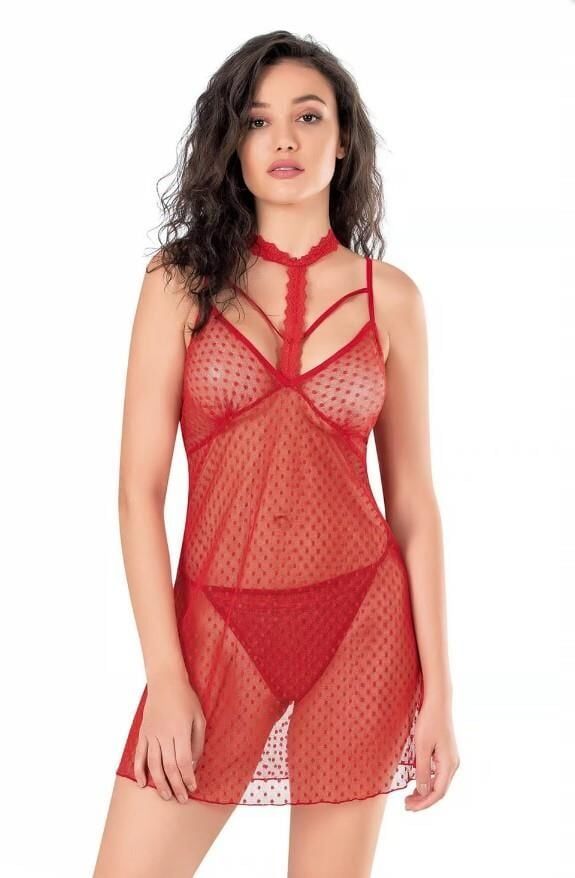 PRİMODA 4112 TÜL KISA GECELİK -KIRMI - -- M
