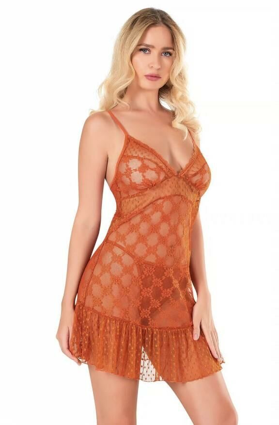 PRİMODA 4117 TÜL KISA GECELİK -ORANJ - -- L