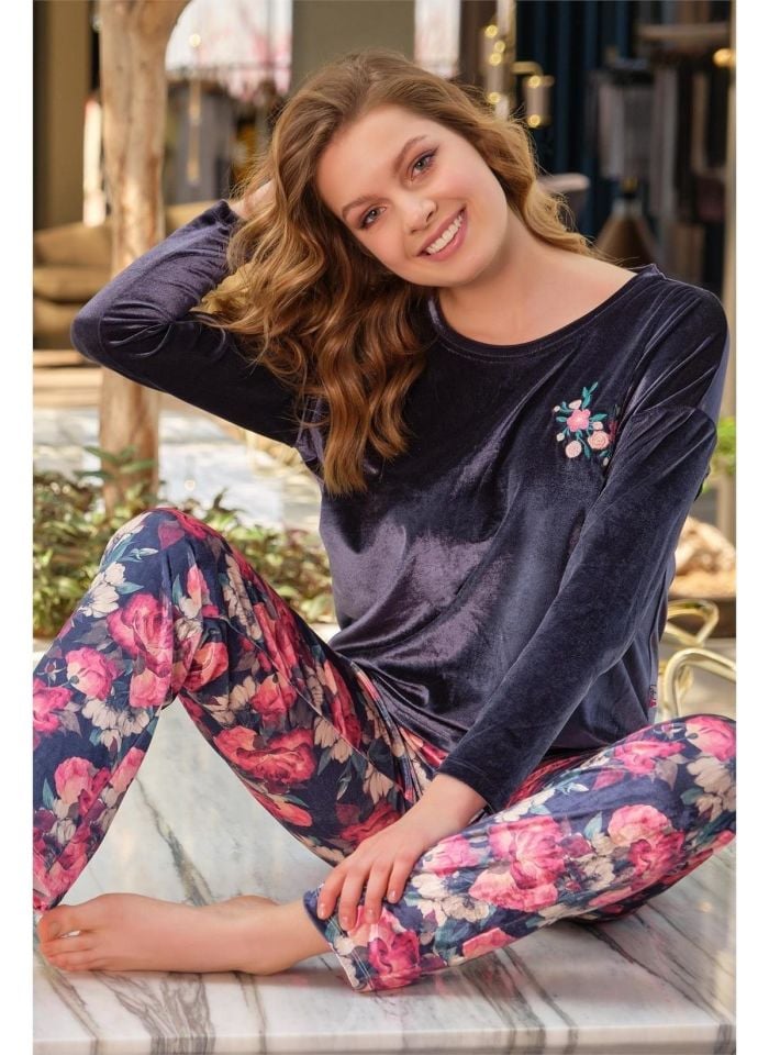 Anıl Kadın Altı Çiçekli Kadife Pijama Takımı 9734