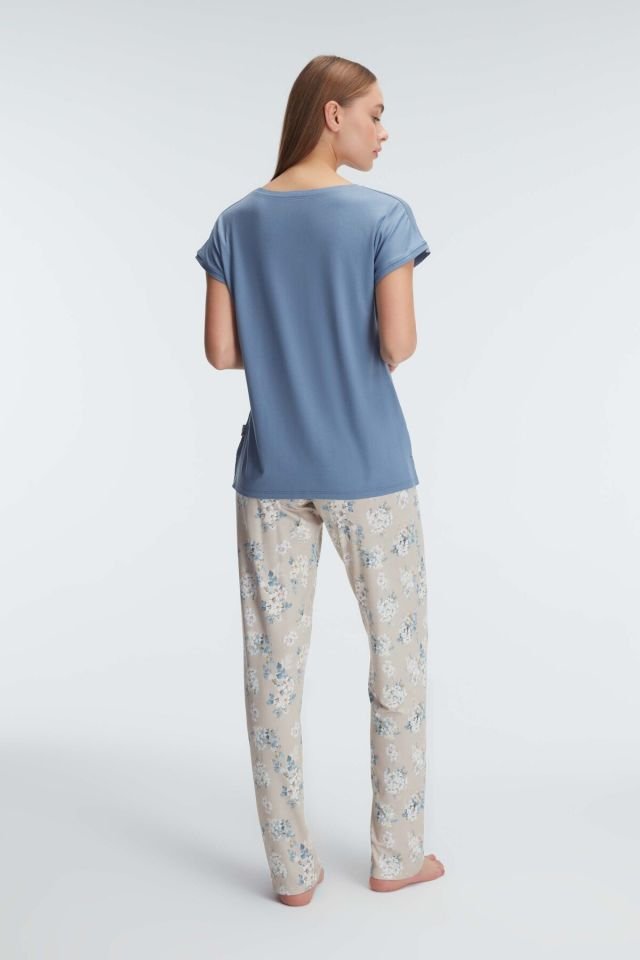 Anıl 9892 Kısa Kol Bisiklet Yaka Kadın Viskon Çiçek Desenli Yazlık Örme Normal Bel Pijama Takımı