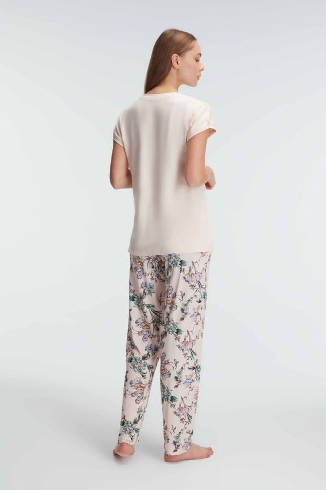 Anıl 9890 Kısa Kol Bisiklet Yaka Kadın Viskon Çiçek Desenli Yazlık Örme Normal Bel Pijama Takımı