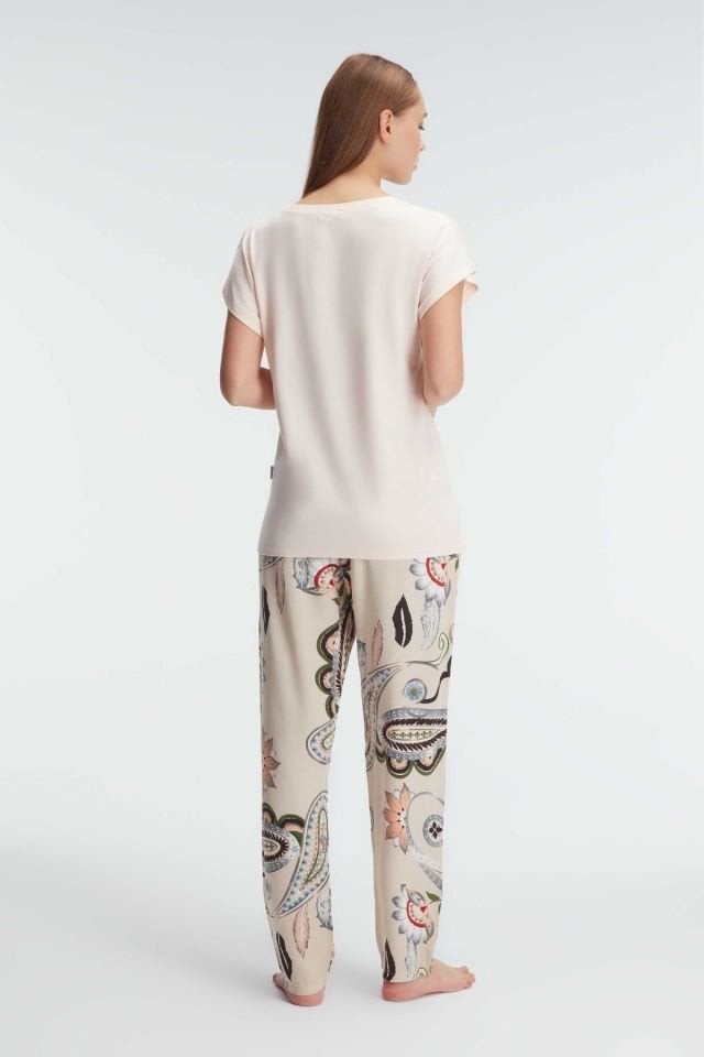 Anıl 9899 Kısa Kol V Yaka Kadın Viskon Çiçek Desenli Yazlık Örme Dantel Detaylı Pijama Takımı