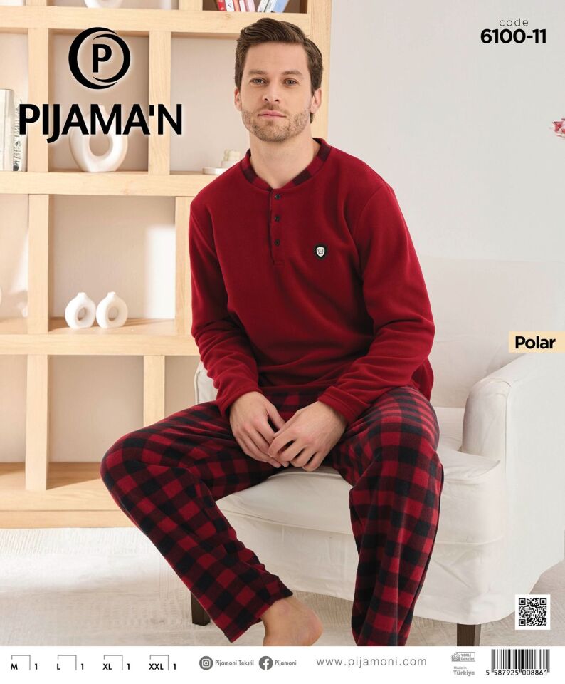 Pijamoni 6100 Erkek Polar Uzun Kol Pijama Takımı