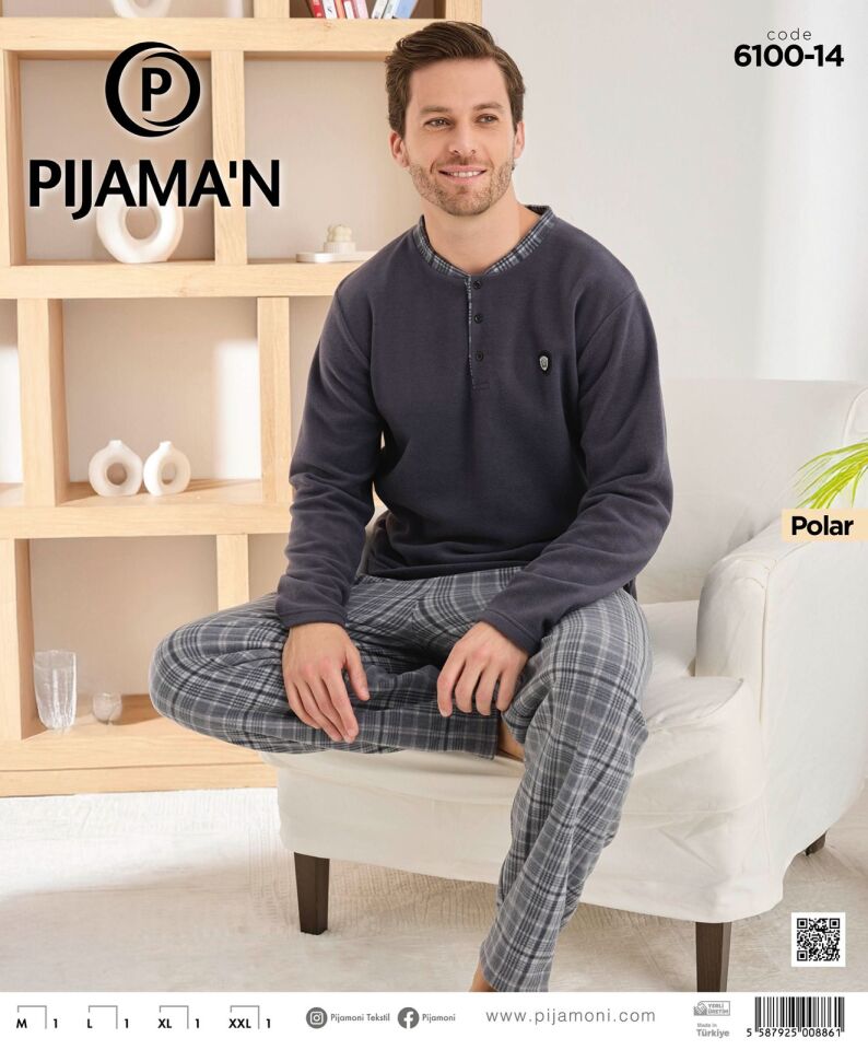 Pijamoni 6100 Erkek Polar Uzun Kol Pijama Takımı