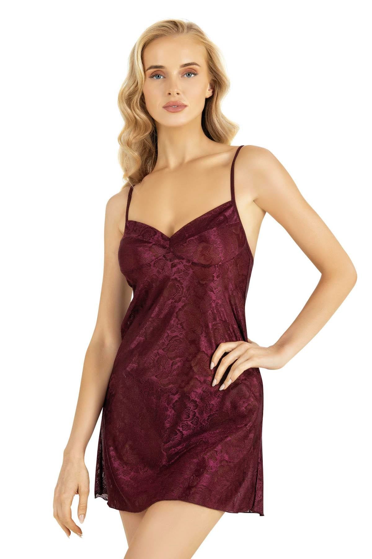 Primoda Bordo Kısa Saten Gecelik 8219 -BORDO - -- M